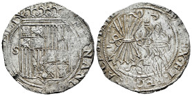 Fernando e Isabel (1474-1504). 4 reales. Sevilla. (Cal-564). Ag. 13,73 g. Ensayador d cuadrada en reverso. Plata agria. Roce en anverso. MBC. Est...20...