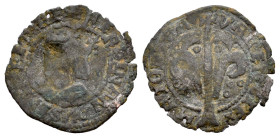 Fernando II (1479-1516). Dinero. Valencia. (Cal-18). (Cru-1216). (Cru C.G.-3127). Ve. 0,57 g. Sin marcas. Rara. BC. Est...35,00.