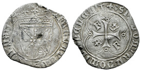 Fernando II (1479-1516). 1 real. Pamplona. (Cal-66). Ag. 3,07 g. F en 1º y 4º cuartel. Golpe en anverso y algunos arañazos. Escasa. MBC-/MBC. Est...15...