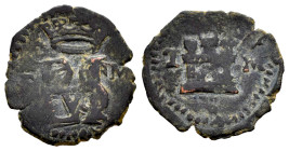Felipe II (1556-1598). Blanca. Toledo. M. (Cal-47). (Jarabo-Sanahuja-A276). Ae. 0,80 g. Anagrama entre T-M y castillo entre T-M. MBC. Est...20,00.