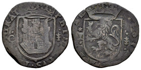 Felipe II (1556-1598). Cuartillo. Cuenca. (Cal-79). (Jarabo-Sanahuja-A74 var). Ae. 2,45 g. Castillo entre C y armiño, león entre cuenco superado de es...