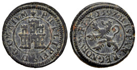 Felipe II (1556-1598). 2 maravedís. 1597. Segovia. (Cal-86). (Jarabo-Sanahuja-B13). Ae. 3,90 g. 4 ventanas y tres almenas. Sin indicación de ceca ni v...