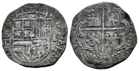 Felipe II (1556-1598). 1 real. Sevilla. (Cal-258). (Jarabo-Sanahuja-A731). Ag. 3,21 g. Ensayador d cuadrada. Adorno en corona. MBC-. Est...50,00.