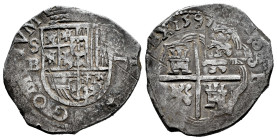 Felipe II (1556-1598). 2 reales. 1597. Sevilla. B. (Cal-425). (Jarabo-Sanahuja-A708). Ag. 6,78 g. Tipo OMNIVM. Fecha completa. Escasa así. MBC+. Est.....