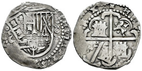 Felipe II (1556-1598). 4 reales. 1595. Toledo. C. (Cal-617). (Jarabo-Sanahuja-A-863). Ag. 13,56 g. Fecha de 4 dígitos a derecha del escudo, en vertica...
