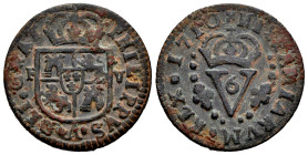 Felipe V (1700-1746). Seiseno. Valencia. (Cal-12). Ae. 6,19 g. MBC/MBC+. Est...35,00.