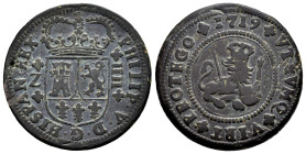 Felipe V (1700-1746). 4 maravedís. 1719. Zaragoza. (Cal-101). Ae. 8,95 g. Roce en anverso. MBC-. Est...25,00.