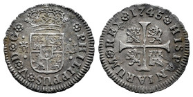 Felipe V (1700-1746). 1/2 real. 1745. Madrid. AJ. (Cal-187). Ag. 1,31 g. Roces en reverso. Tono. MBC/MBC+. Est...45,00.