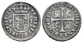 Felipe V (1700-1746). 1/2 real. 1738. Sevilla. PJ. (Cal-345). Ag. 1,21 g. MBC-. Est...25,00.