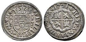 Felipe V (1700-1746). 1 real. 1721. Sevilla. J. (Cal-645). Ag. 3,04 g. Pequeño defecto de acuñación en reverso. MBC+. Est...60,00.