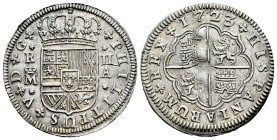 Felipe V (1700-1746). 2 reales. 1723. Madrid. A. (Cal-777). Ag. 5,82 g. Raya en anverso. Defecto de acuñación en reverso. EBC-/MBC+. Est...100,00.