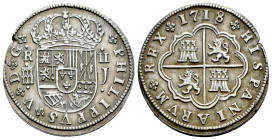 Felipe V (1700-1746). 2 reales. 1718. Segovia. J. (Cal-947). Anv.: PHILIPPVS. Ag. 5,32 g. Acueducto de 2 arcos de 2 pisos. Defecto en canto. EBC-. Est...