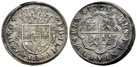Felipe V (1700-1746). 2 reales. 1721. Sevilla. J. (Cal-979). Ag. 5,43 g. Pátina irregular. EBC-. Est...120,00.