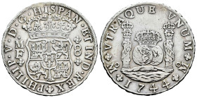 Felipe V (1700-1746). 8 reales. 1744. México. MF. (Cal-1466). Ag. 26,71 g. Golpecito en el canto. MBC. Est...400,00.