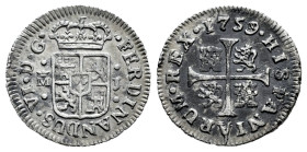 Fernando VI (1746-1759). 1/2 real. 1759/8. Madrid. J. (Cal-77, no cita sobrefecha). Ag. 1,40 g. Sobrefecha. MBC. Est...35,00.