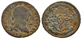 Carlos III (1759-1788). 2 maravedís. 1785. Segovia. (Cal-45). Ae. 2,28 g. Escasa. BC/BC+. Est...30,00.