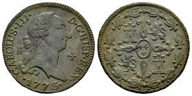 Carlos III (1759-1788). 4 maravedís. 1773. Segovia. (Cal-53). Ae. 5,29 g. Pátina verde. Raya en reverso. EBC-. Est...50,00.