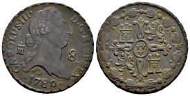 Carlos III (1759-1788). 8 maravedís. 1780. Segovia. (Cal-77). Ae. 11,16 g. Muy escasa. MBC+. Est...50,00.