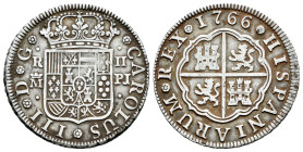 Carlos III (1759-1788). 2 reales. 1766. Madrid. PJ. (Cal-614). Ag. 5,79 g. Limpiada. MBC. Est...35,00.