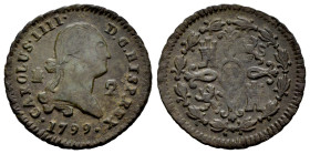 Carlos IV (1788-1808). 2 maravedís. 1799. Segovia. (Cal-34). Ae. 2,16 g. Escasa. MBC+. Est...60,00.