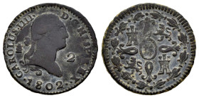 Carlos IV (1788-1808). 2 maravedís. 1802. Segovia. (Cal-37). Ae. 2,36 g. MBC-/MBC. Est...25,00.