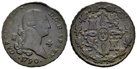 Carlos IV (1788-1808). 4 maravedís. 1790. Segovia. (Cal-44). Ae. 5,13 g. Limpiada. Escasa. MBC+. Est...50,00.