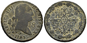 Carlos IV (1788-1808). 8 maravedís. 1793. Segovia. (Cal-69). Ae. 11,35 g. BC+/MBC-. Est...25,00.