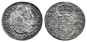 Carlos IV (1788-1808). 1/2 real. 1795. Madrid. MF. (Cal-255). Ag. 1,34 g. Limpiada. MBC/MBC+. Est...40,00.