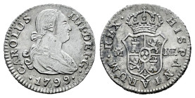 Carlos IV (1788-1808). 1/2 real. 1799. Madrid. MF. (Cal-261). Ag. 1,45 g. Raya en anverso. Limpiada. Escasa. MBC. Est...50,00.