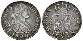 Carlos IV (1788-1808). 2 reales. 1800. Madrid. FA. (Cal-609). Ag. 5,96 g. Golpecito en el canto. MBC. Est...35,00.