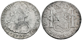 Carlos IV (1788-1808). 8 reales. 1799. Lima. IJ. (Cal-917). Ag. 26,69 g. Fallo de acuñación en el reverso. MBC. Est...90,00.