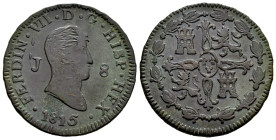 Fernando VII (1808-1833). 8 maravedís. 1815. Jubia. (Cal-193). Ae. 9,89 g. Leyenda HEX. Rara. MBC/MBC+. Est...100,00.