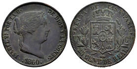 Isabel II (1833-1868). 25 céntimos de real. 1860. Segovia. (Cal-193). Ae. 9,15 g. MBC. Est...25,00.