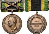 Orden deutscher Länder Sachsen-Weimar
Allgemeines Ehrenzeichen in Bronze mit Bandspange und Schwertern Verliehen 1902-1918. Avers, Bildnis Wilhelm Er...
