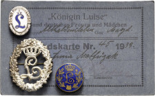 Organisationsabzeichen
Bund "Königin Luise" Mitgliedabzeichen mit Ausweiskarte. Ehrennadel 1. Form. Ovales blaues Abzeichen Hering-Hüsken 9114c,-, 92...