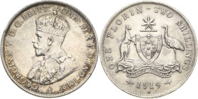 Australien
Geoge V. 1910-1936 1 Florin (2 Shillings) 1919, M-Melbourne KM 27 Seltener Jahrgang. Fast vorzüglich