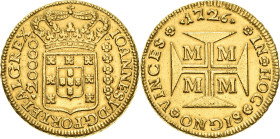 Brasilien
Joao V. 1706-1750 20 000 Reis 1726, M-Minas Gerais KM 117 Friedberg 33 Prober O-209 GOLD. 53.60 g. Sehr selten. Vorzüglich