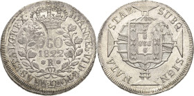Brasilien
Johann VI. 1815-1822 960 Reis 1822, R-Rio de Janeiro Überprägung KM 326.1 Attraktives Exemplar. Vorzüglich-prägefrisch