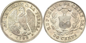 Chile
 20 Centavos 1892, So-Santiago de Chile Lichtenrader Prägung KM 138.4 Fast prägefrisch