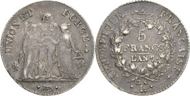 Frankreich
Erste Republik 1793-1804 5 Francs 1798 (=AN 7), L-Bayonne Gadoury 563 Davenport 1337 Sehr selten. Sehr schön