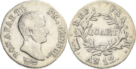 Frankreich
Napoleon Bonaparte Premier Consul 1799-1804 1/4 Franc 1803/1804 (=Jahr 12), M-Toulouse Gadoury 342 Sehr schön
