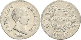 Frankreich
Napoleon I. 1804-1814, 1815 1/4 Franc 1804/1805 (=Jahr 13), A-Paris Gadoury 346 Attraktives Exemplar. Vorzüglich