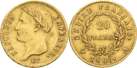 Frankreich
Napoleon I. 1804-1814, 1815 20 Francs 1809, A-Paris Gadoury 1025 Friedberg 511 Schlumberger 63 6.42 g. GOLD. Prägebedingte Randfehler, seh...