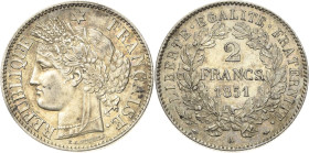 Frankreich
Zweite Republik 1848-1852 2 Francs 1851, A-Paris Gadoury 522 Sehr selten. Fast vorzüglich/vorzüglich