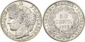 Frankreich
Dritte Republik 1870-1940 50 Centimes 1872, A-Paris Großes A Gadoury 419 a Prachtexemplar. Stempelglanz