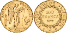 Frankreich
Dritte Republik 1870-1940 100 Francs 1879, A-Paris Gadoury 1137 Friedberg 590 Schlumberger 401 GOLD. 32.25 g. Vorzüglich-Stempelglanz