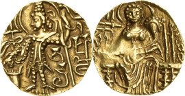 Indien-Kushan
Kipanada 330-360 Goldstater 330/360, Taxila König steht nach links vor Altar mit Dreizack, BhaDra / Göttin Ardoksho von vorn, KiPaNaDa ...