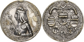 Habsburg
Maximilian I. 1493-1519 Schauguldiner 1505, Hall Münzmeister Benedikt Burkhart,. Hüftbild nach links / 5 Wappen und das Vlies unter einem Ba...