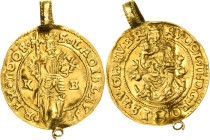 Habsburg
Rudolf II. 1576-1612 Goldgulden 1608, KB-Kremnitz An altem Henkel und Öse (leicht beschädigt) Huszar 1002 Friedberg 63 GOLD. 3.57 g. Leicht ...