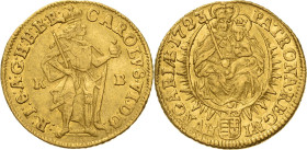 Habsburg
Karl VI. 1711-1740 Dukat 1723, KB-Kremnitz Kaiser steht in Harnisch und Mantel mit Zepter und Reichsapfel nach rechts / Madonna thront mit K...